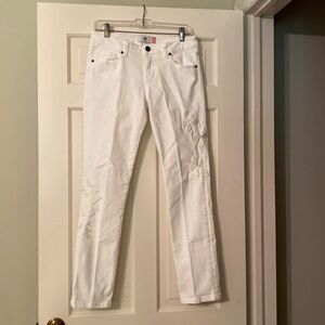 CAbi white slim boyfriend jeans with embroidered legs. Size 2.